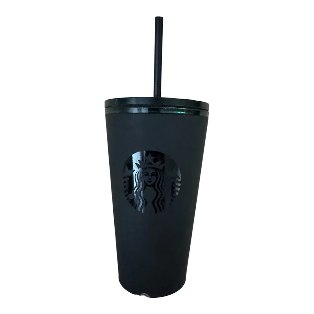 STARBUCKS Black Matte Cold Hot Cup Tumbler w/Straw & Logo 16 oz